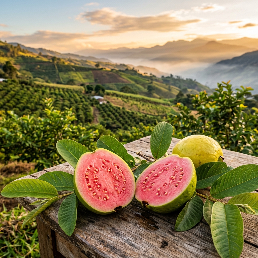 Guayaba rosada veleña fresca con vista al valle de Vélez, Santander